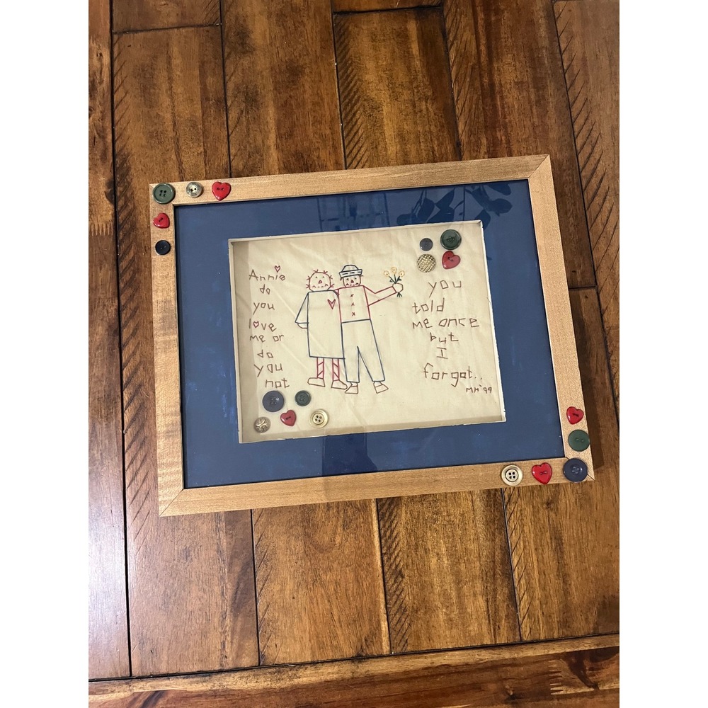 Handmade Raggedy Ann Andy Embroidery Art 15x12 Tan Excellent Shadow Box MH99